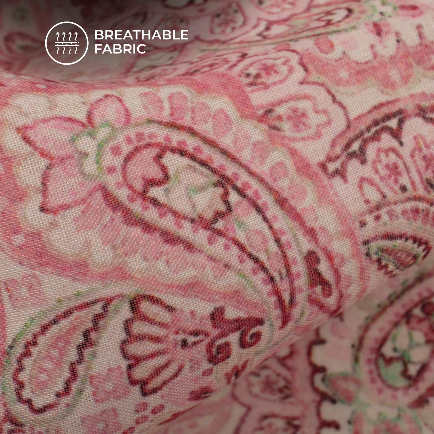 Flamingo Pink Paisley Digital Print Poly Cambric Fabric