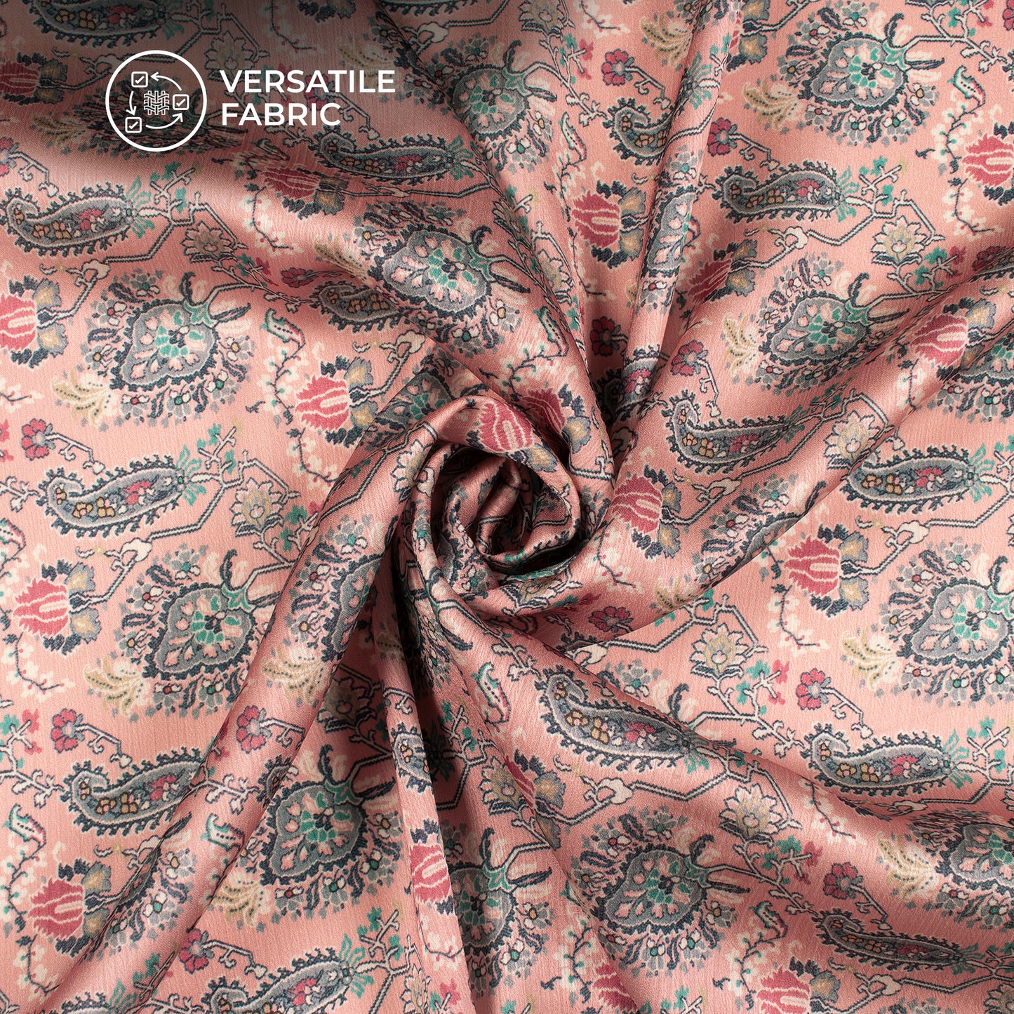 Light Salmon Pink Paisley Digital Print Chiffon Satin Fabric