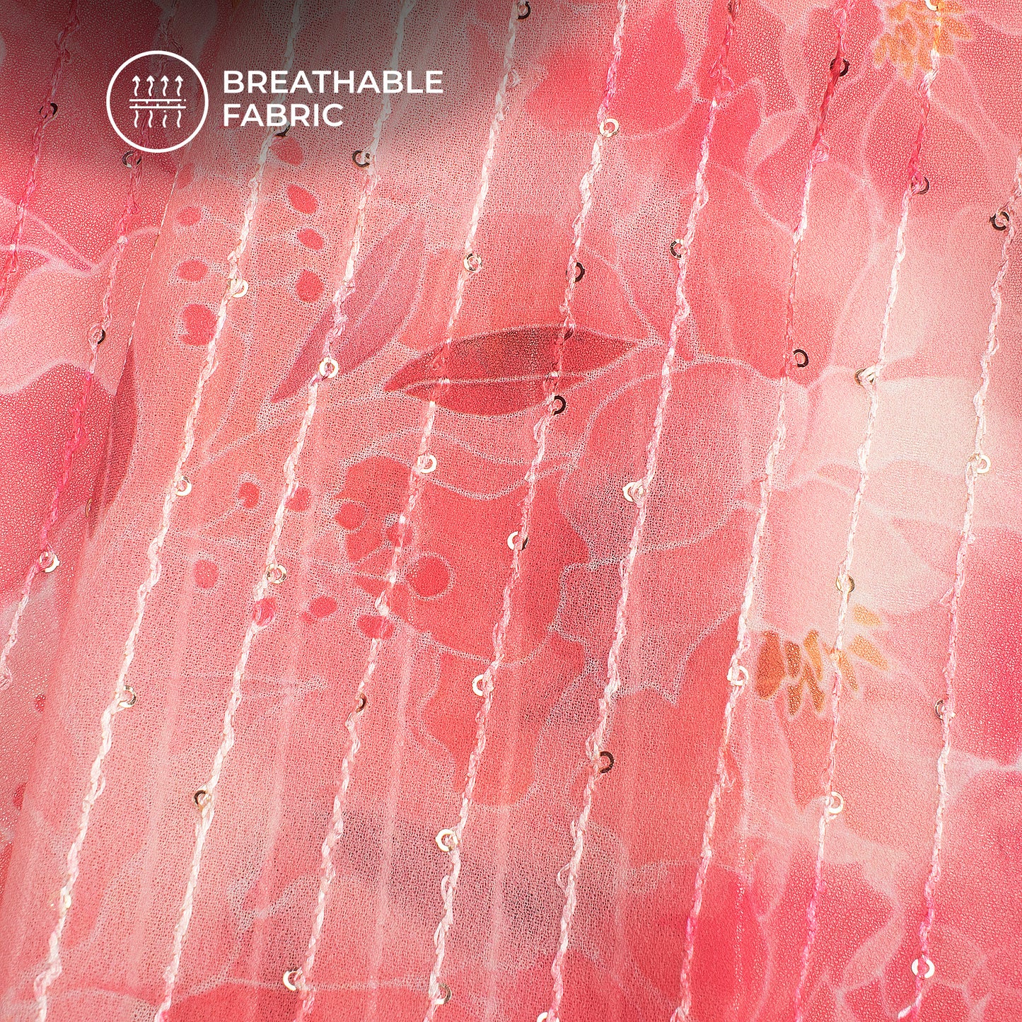Attractive Pink Floral Digital Print Sequins Premium Georgette Fabric