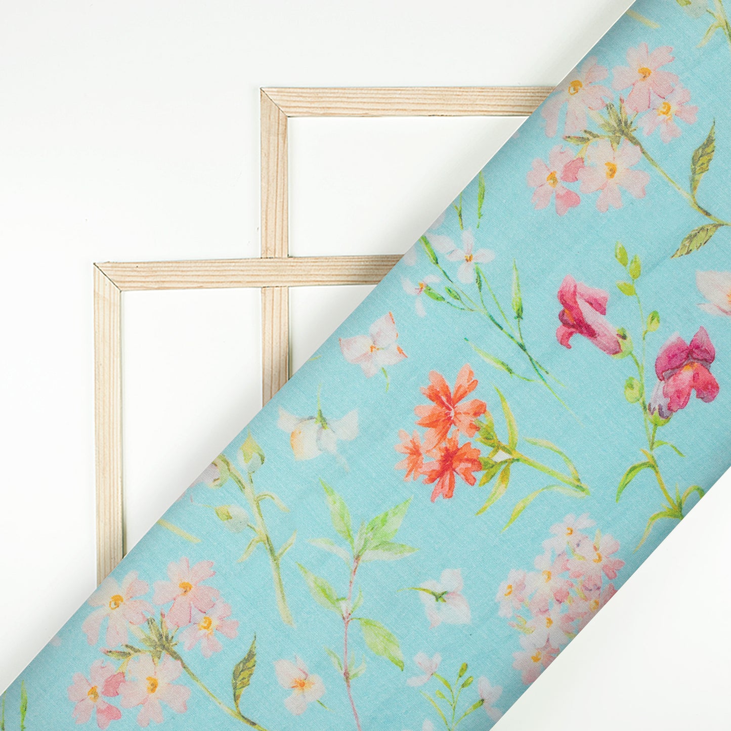 Sky Blue And Baby Pink Floral Pattern Digital Print Pure Cotton Mulmul Fabric