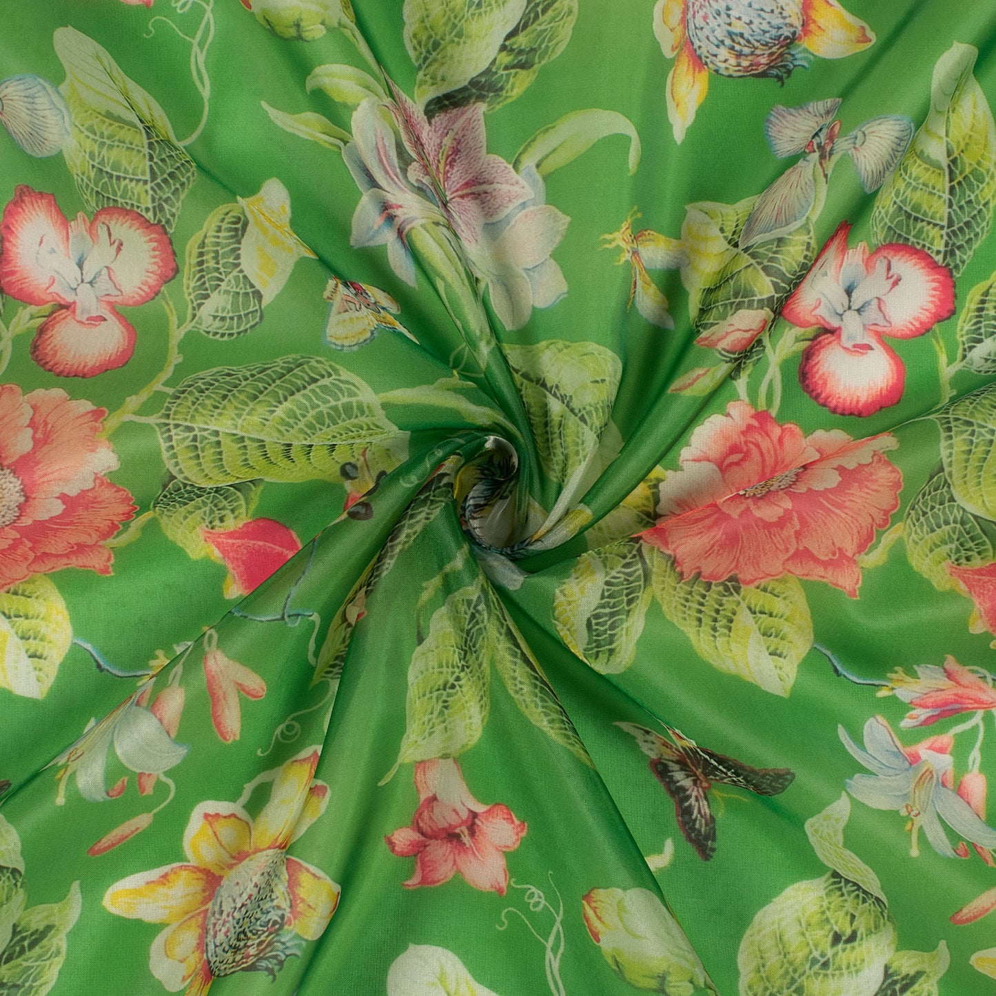 Green And Red Floral Pure Organza Fabric