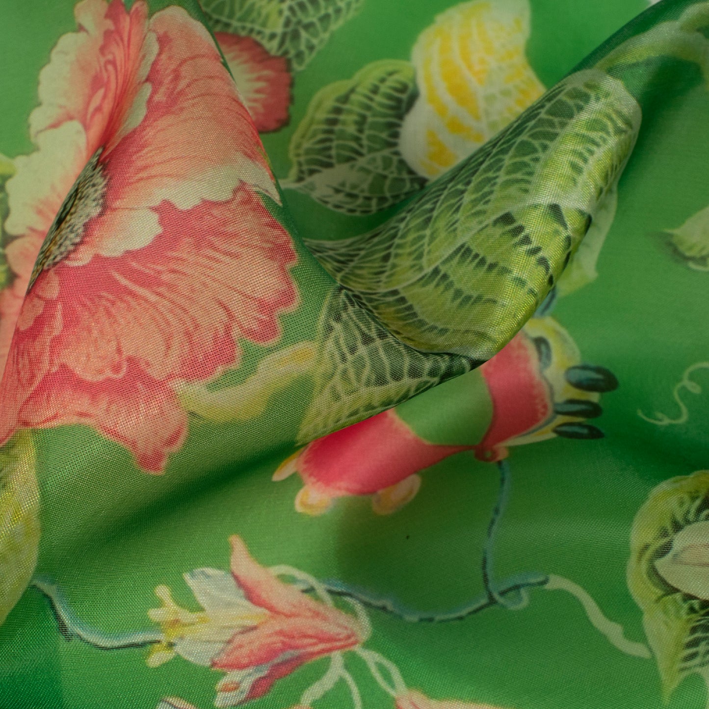 Green And Red Floral Pure Organza Fabric