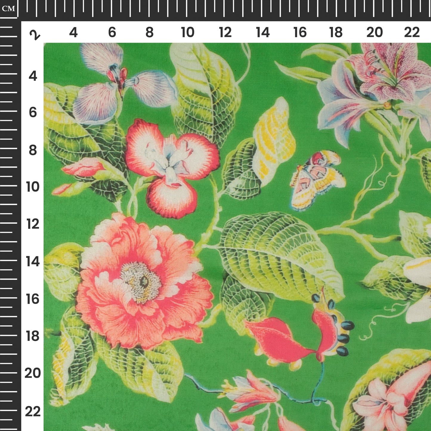 Green And Red Floral Pure Organza Fabric