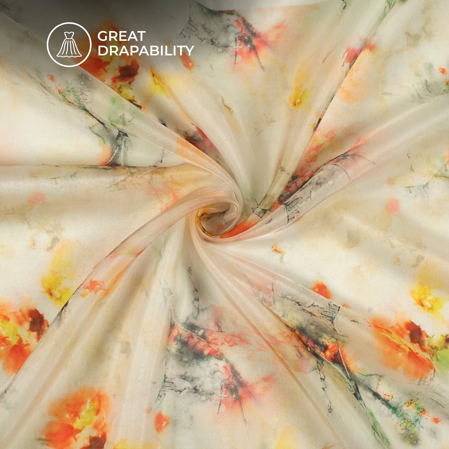 White And Orange Floral Pure Organza Fabric