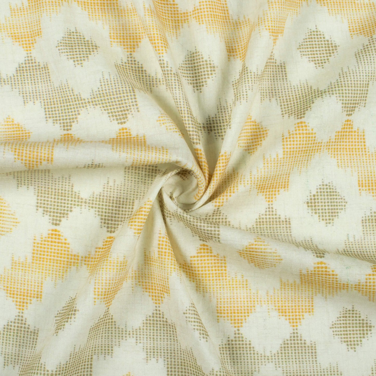 Ivory Cream And Green Abstract Digital Print Cotton Cambric Fabric