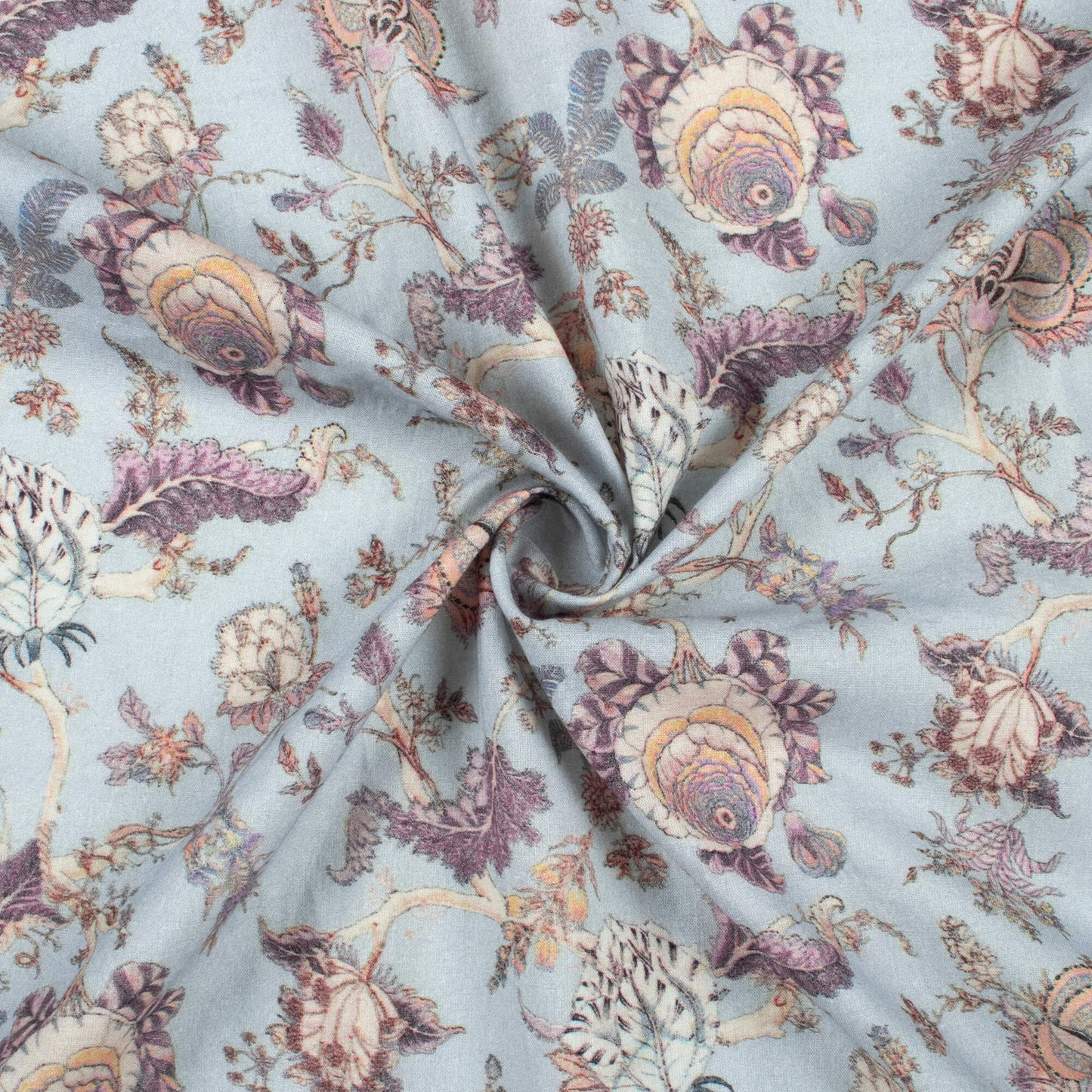 Baby Blue And Purple Floral Digital Print Cotton Cambric Fabric