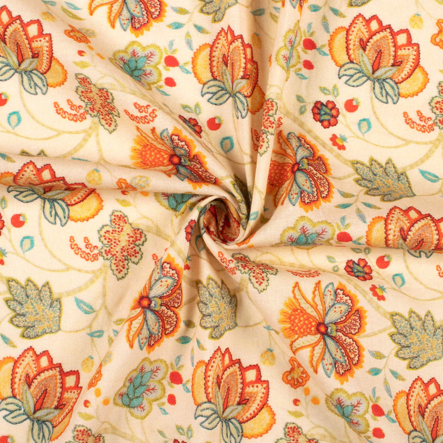 Peach Yellow And Orange Floral Digital Print Cotton Cambric Fabric