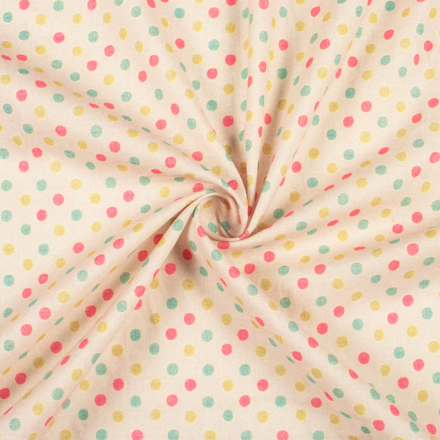 Bone Beige And Pink Polka Dots Digital Print Cotton Cambric Fabric