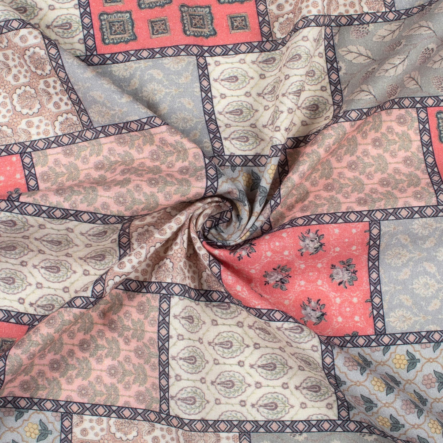 Sage Green And Peach Patch Digital Print Cotton Cambric Fabric