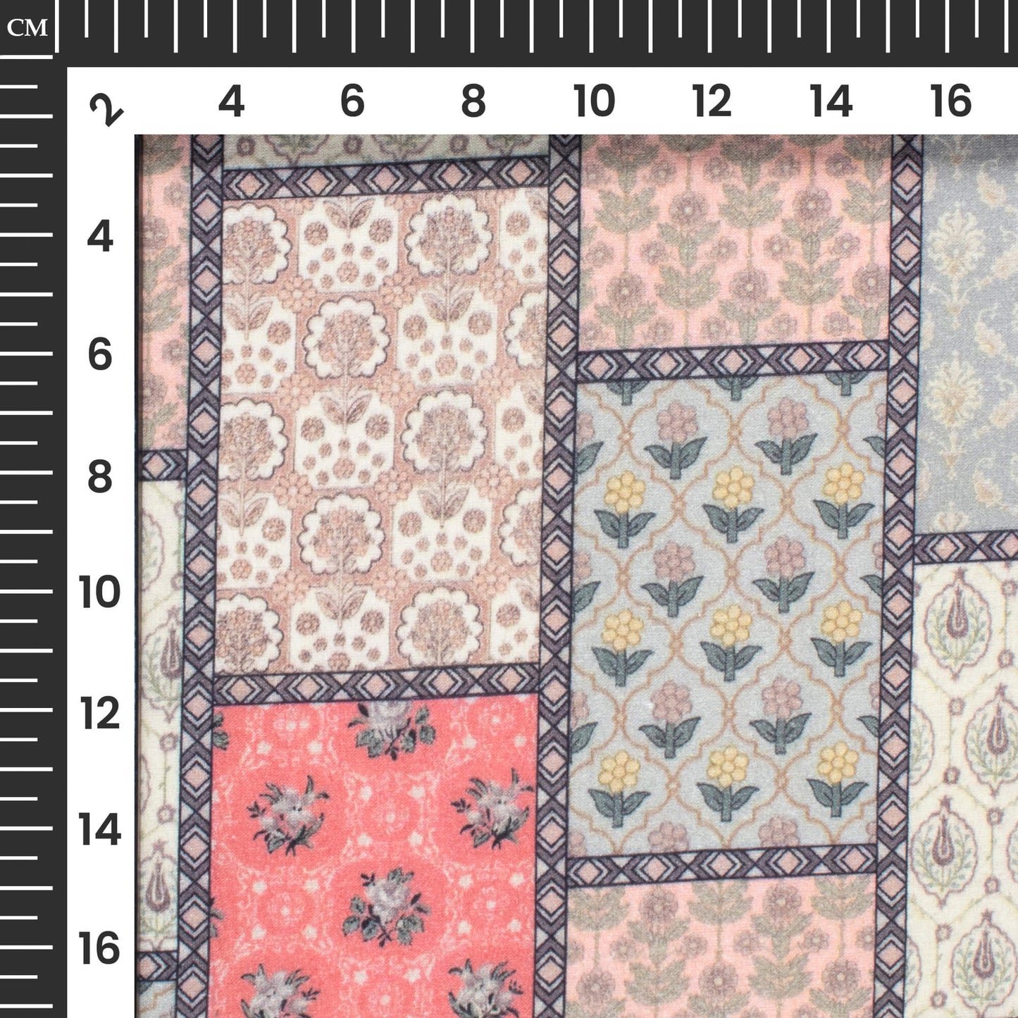 Sage Green And Peach Patch Digital Print Cotton Cambric Fabric