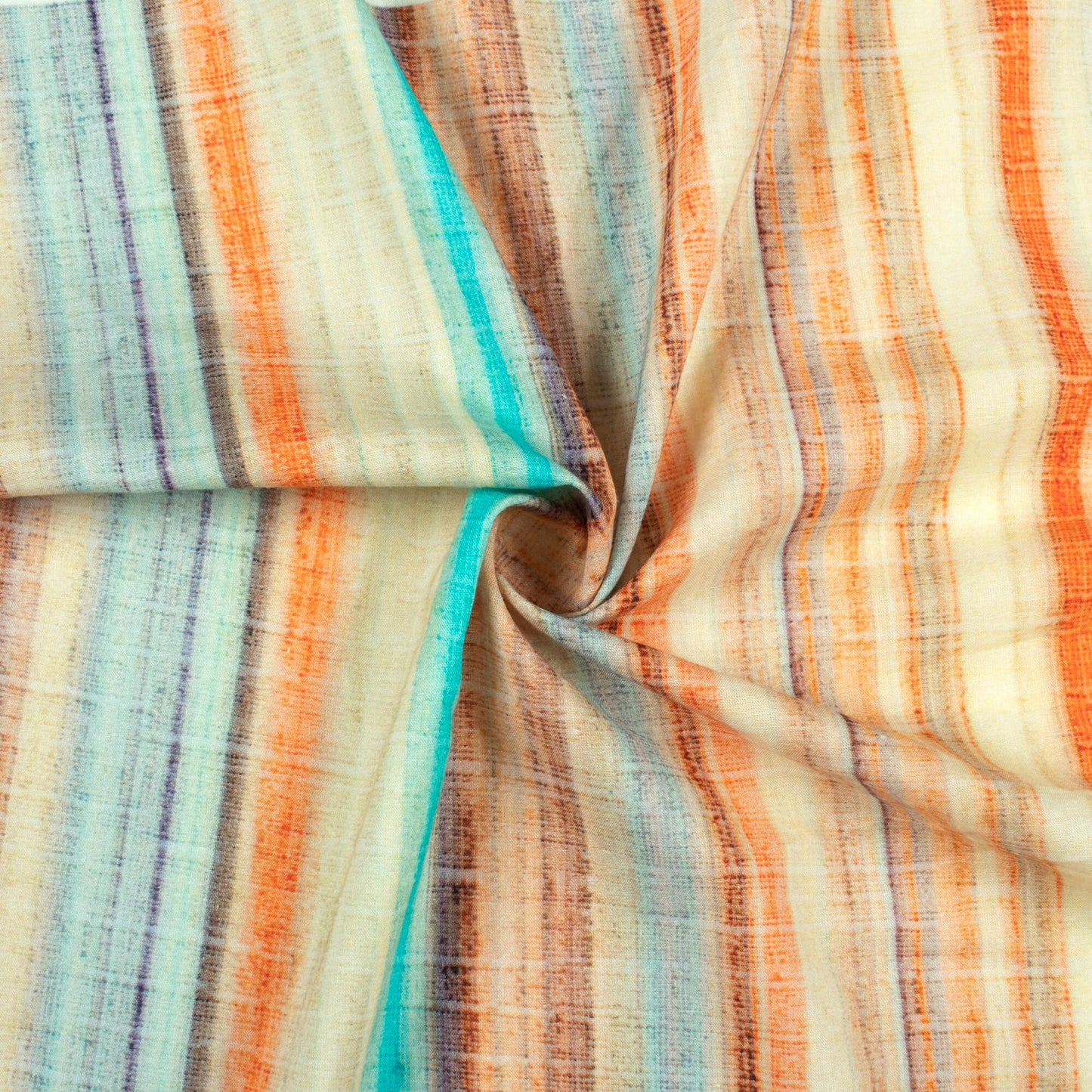 Ivory Cream And Orange Stripes Digital Print Cotton Cambric Fabric