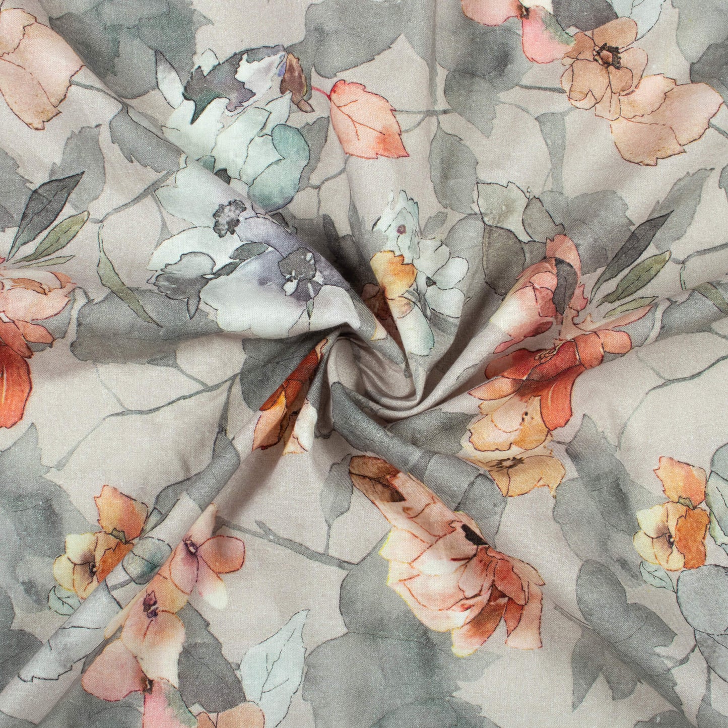 Rhino Grey And Peach Floral Digital Print Cotton Cambric Fabric