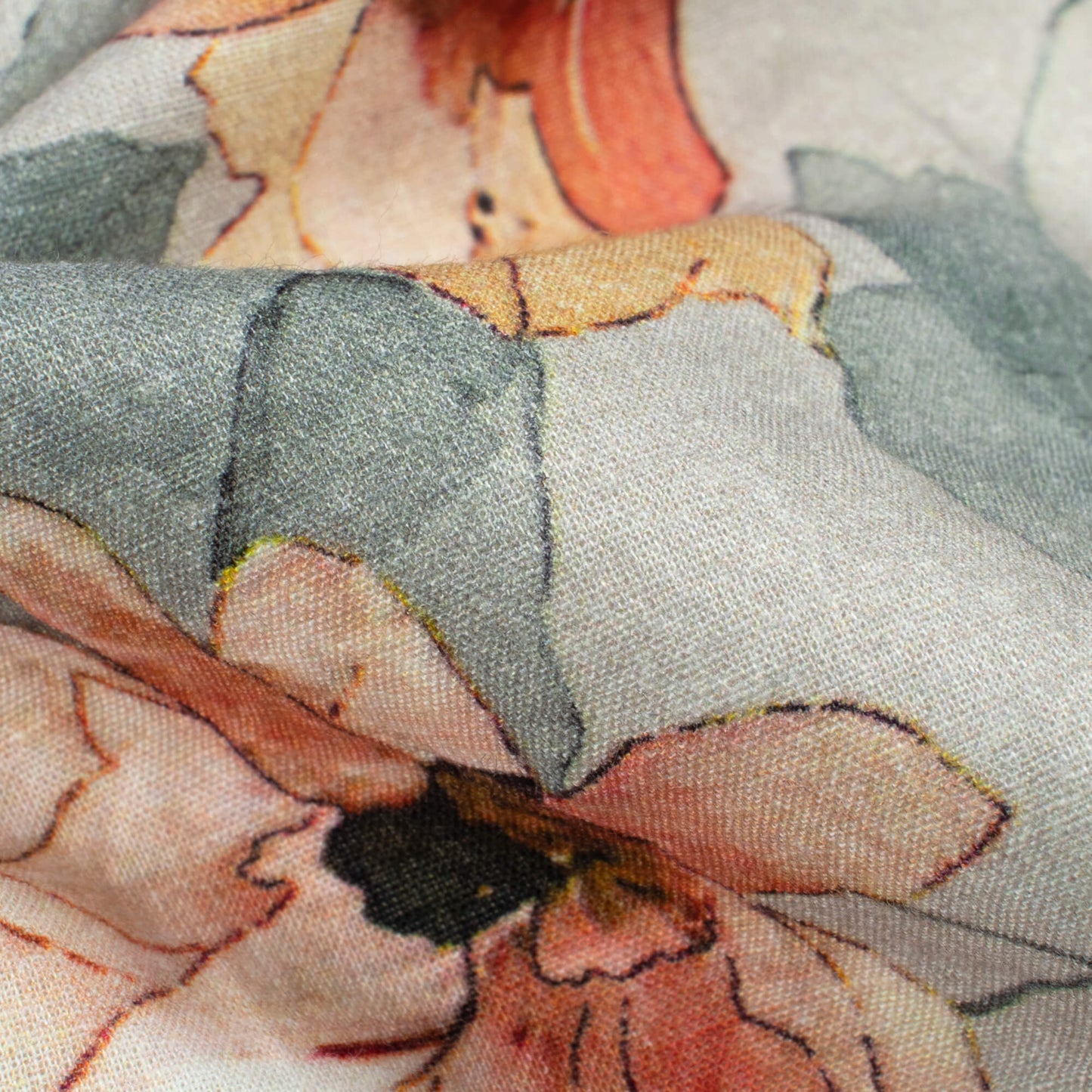 Rhino Grey And Peach Floral Digital Print Cotton Cambric Fabric