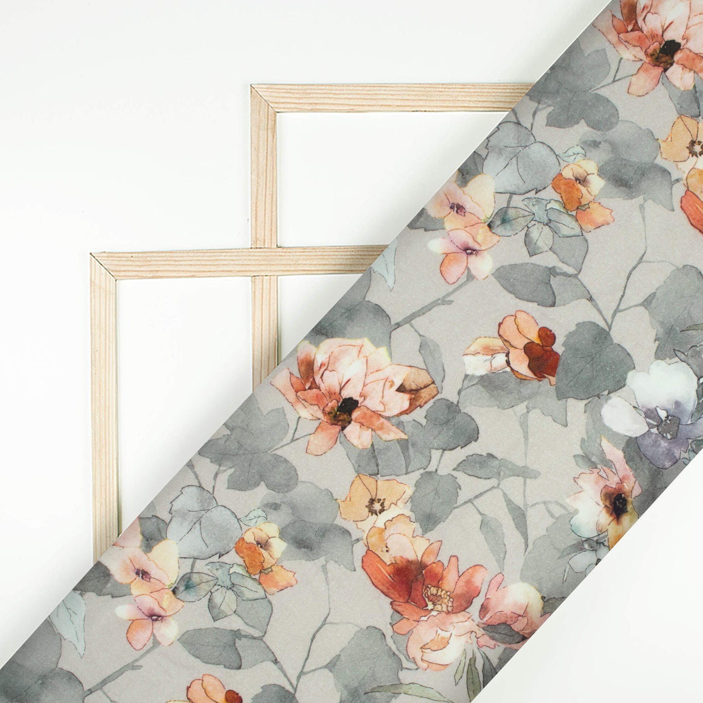 Rhino Grey And Peach Floral Digital Print Cotton Cambric Fabric