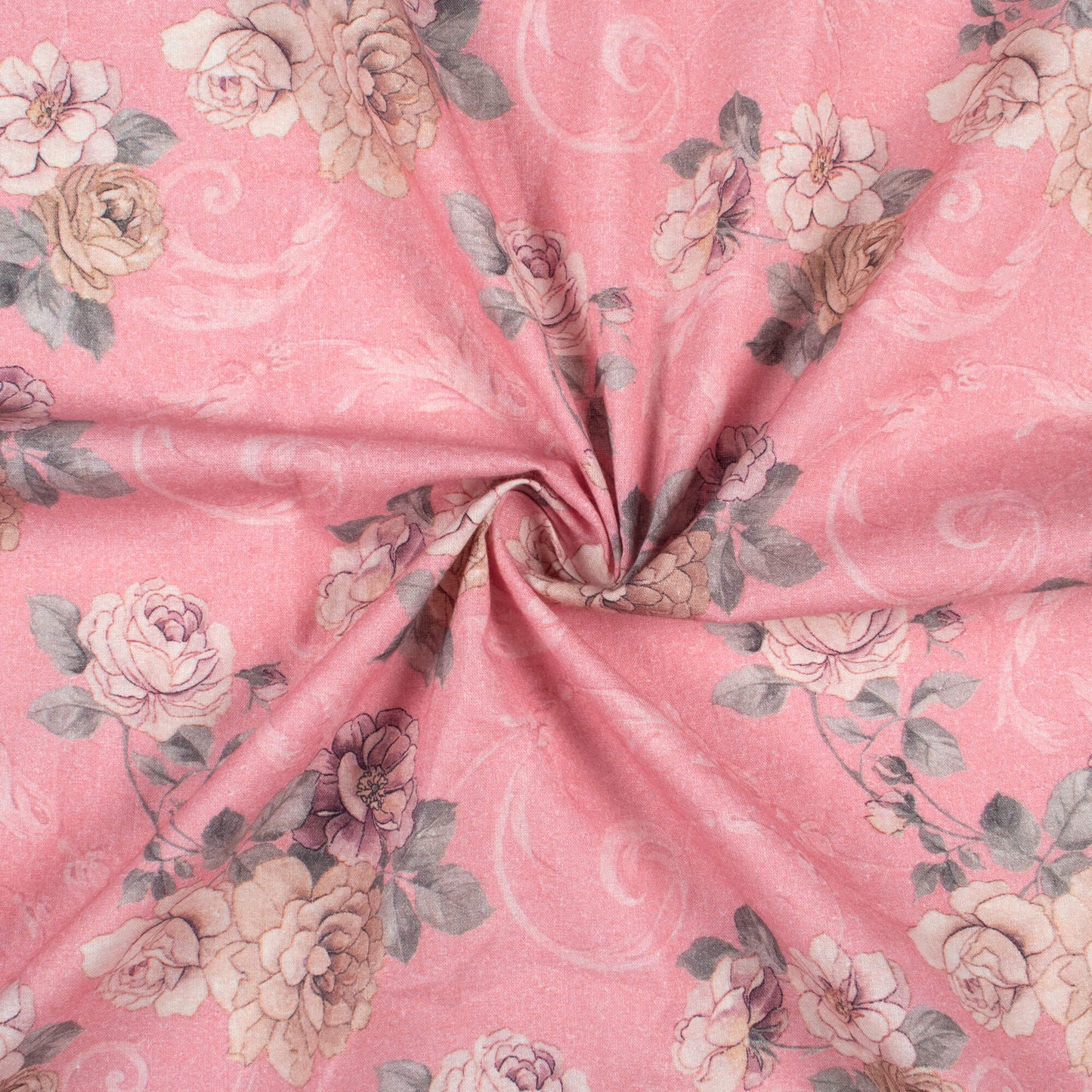 Blush Pink And Brown Floral Digital Print Cotton Cambric Fabric