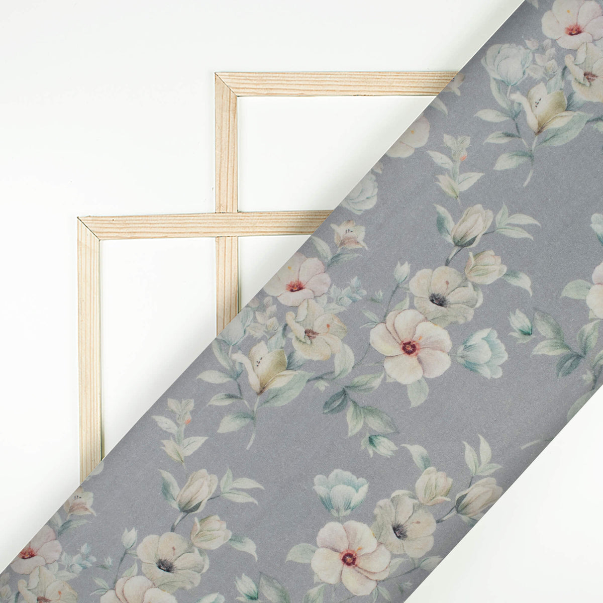 Metal Grey And Beige Floral Digital Print Cotton Cambric Fabric