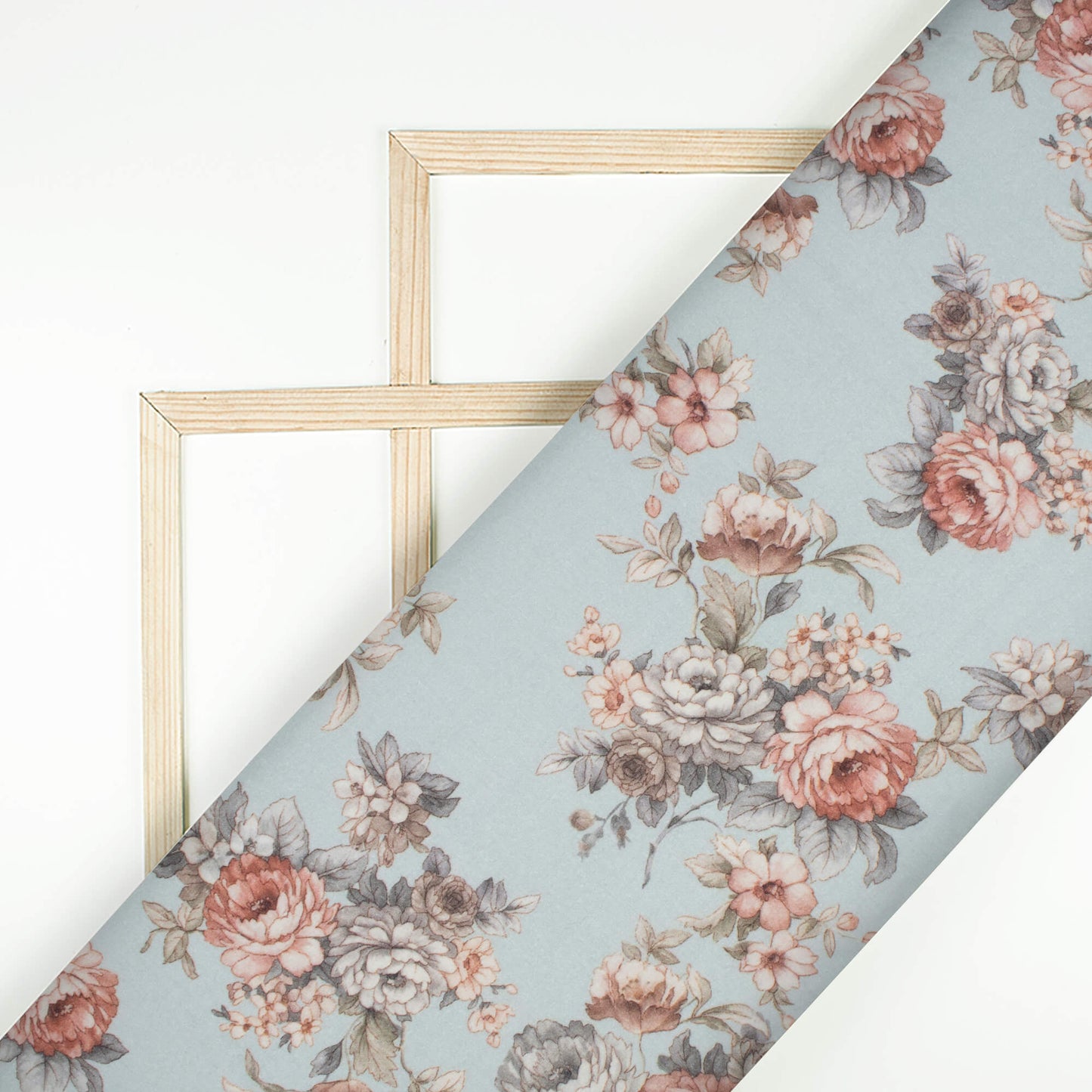 Ash Grey And Pink Floral Digital Print Cotton Cambric Fabric
