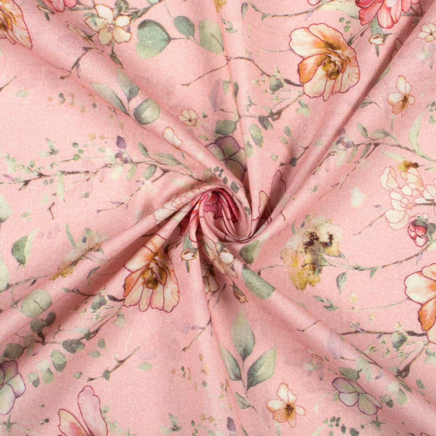 Salmon Pink And Beige Floral Digital Print Cotton Cambric Fabric