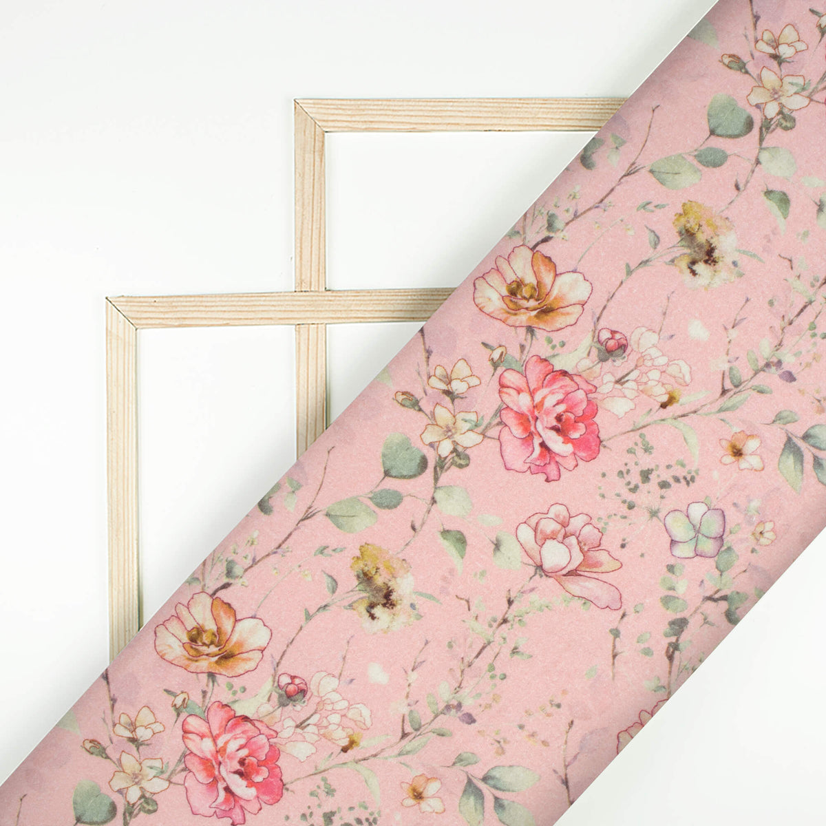 Salmon Pink And Beige Floral Digital Print Cotton Cambric Fabric