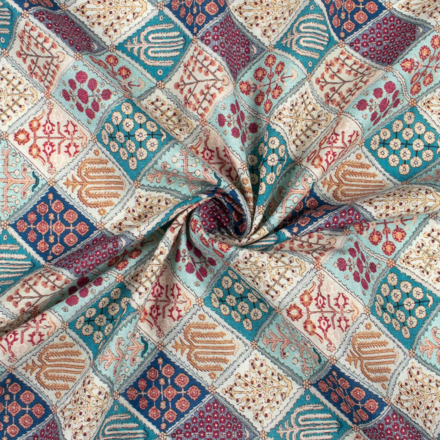 Light Blue And Maroon Floral Digital Print Cotton Cambric Fabric
