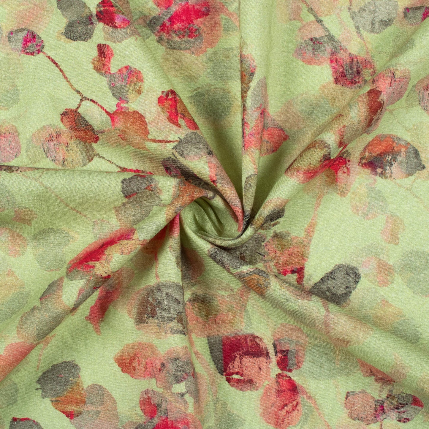 Sage Green And Red Leaf Digital Print Cotton Cambric Fabric