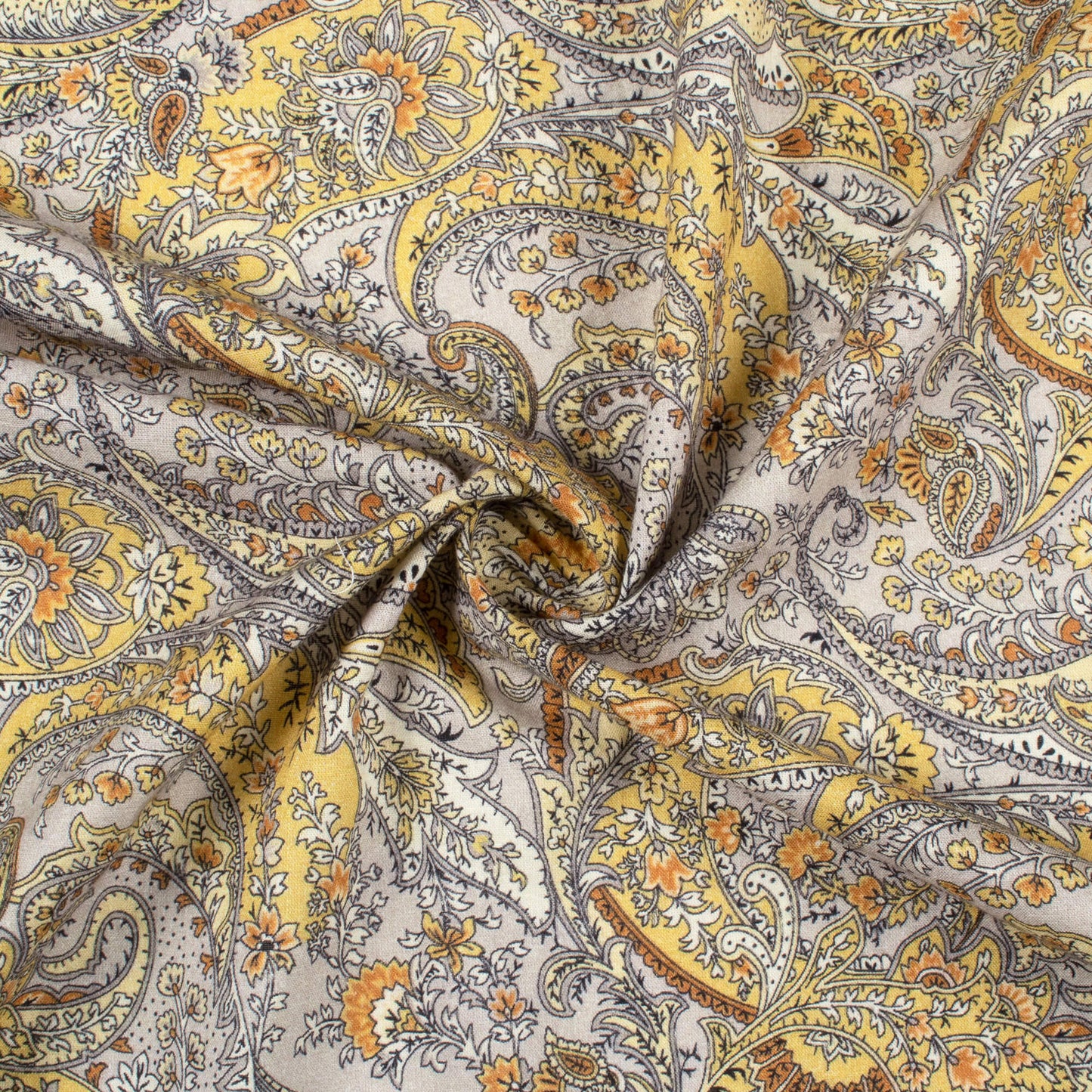 Corn Yellow And Grey Paisely Digital Print Cotton Cambric Fabric