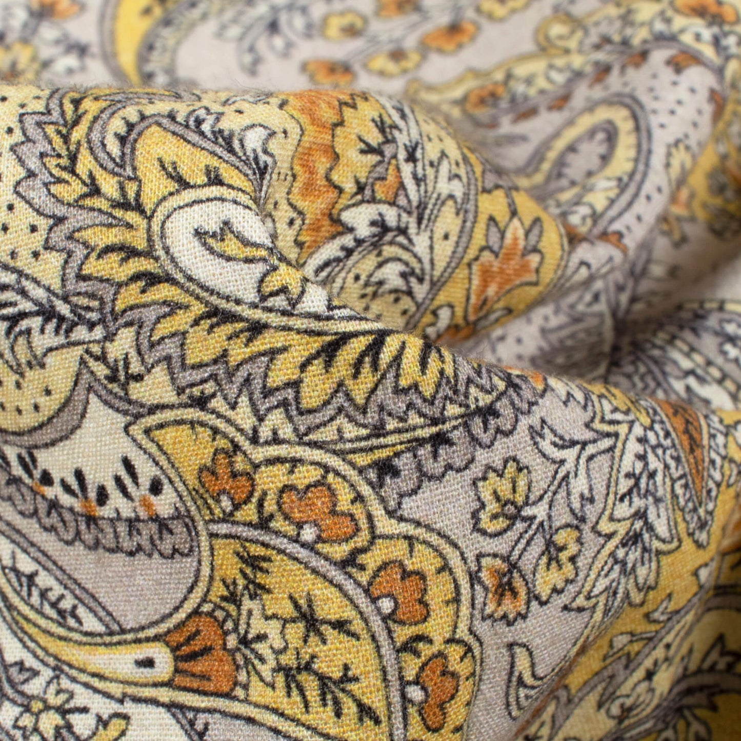 Corn Yellow And Grey Paisely Digital Print Cotton Cambric Fabric