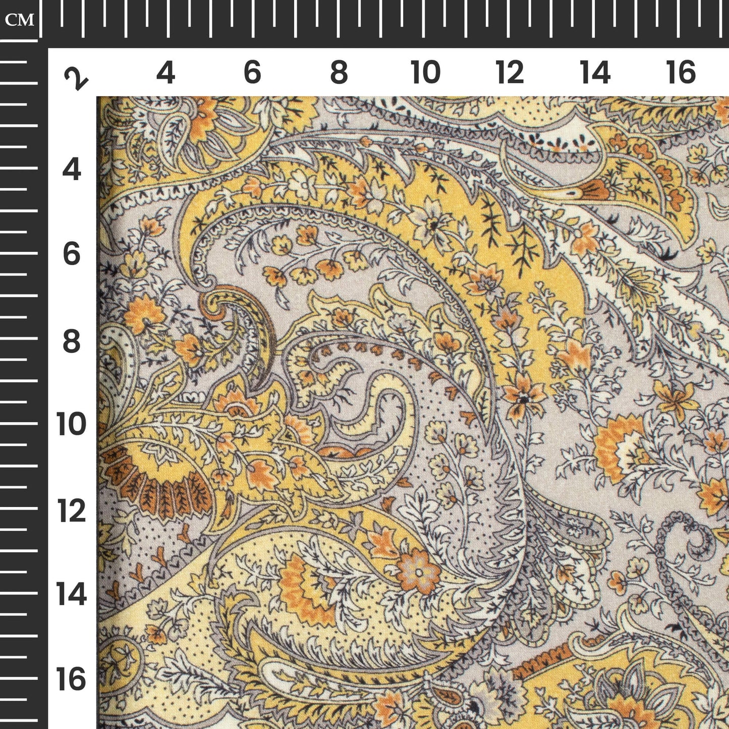 Corn Yellow And Grey Paisely Digital Print Cotton Cambric Fabric