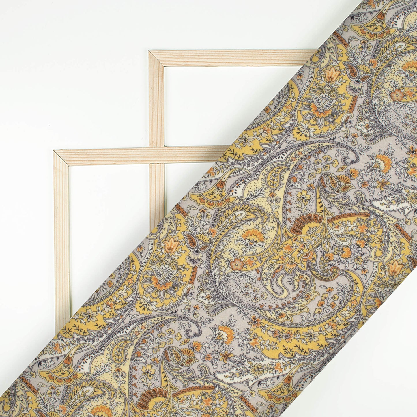 Corn Yellow And Grey Paisely Digital Print Cotton Cambric Fabric