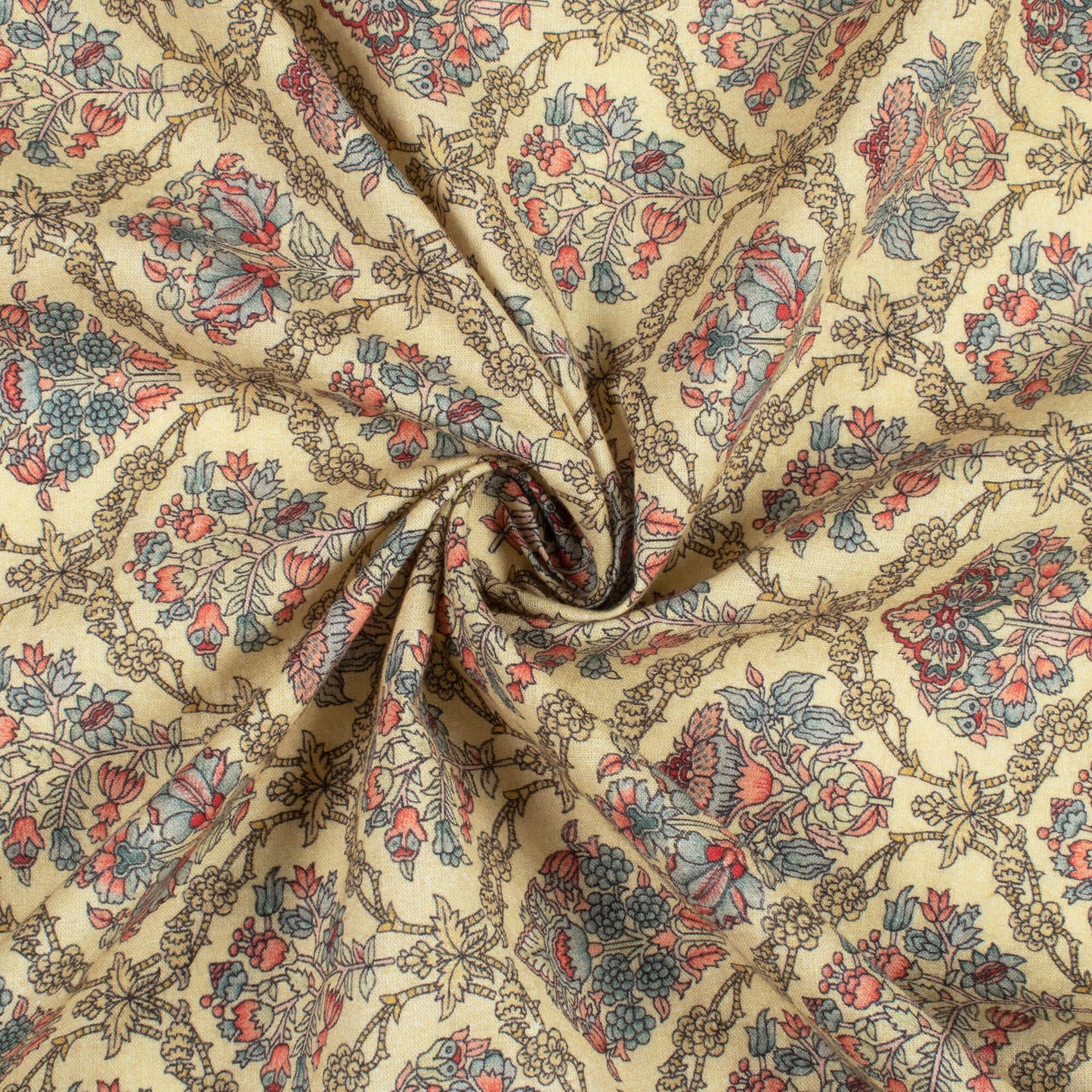Mellow Yellow And Peach Floral Digital Print Cotton Cambric Fabric