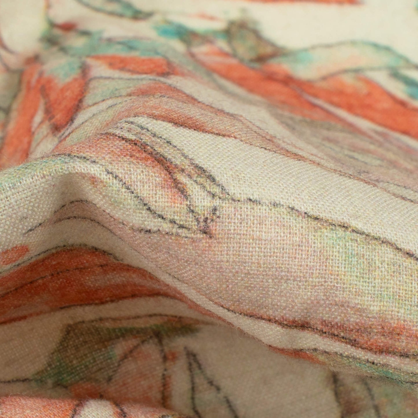 Ivory Cream And Orange Leaf Digital Print Cotton Cambric Fabric