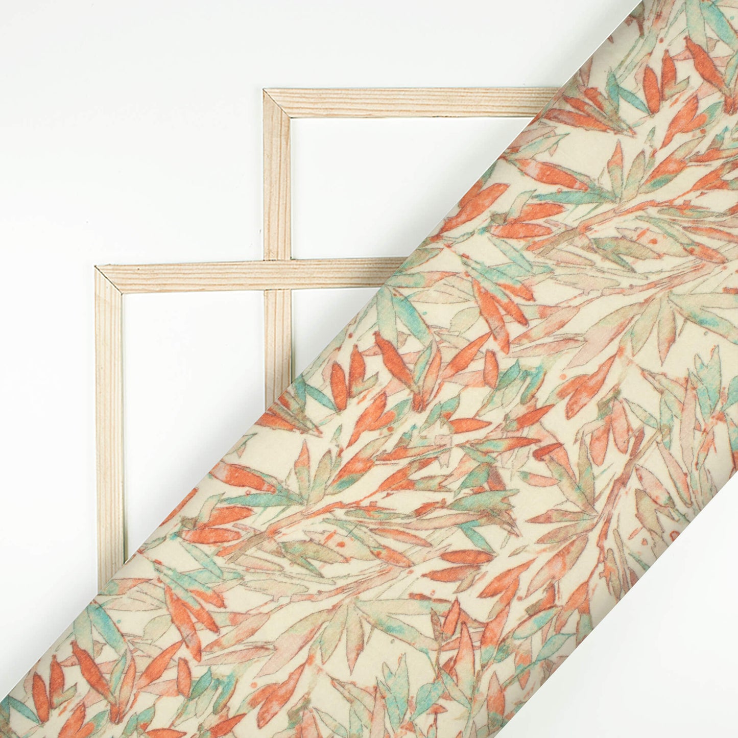 Ivory Cream And Orange Leaf Digital Print Cotton Cambric Fabric