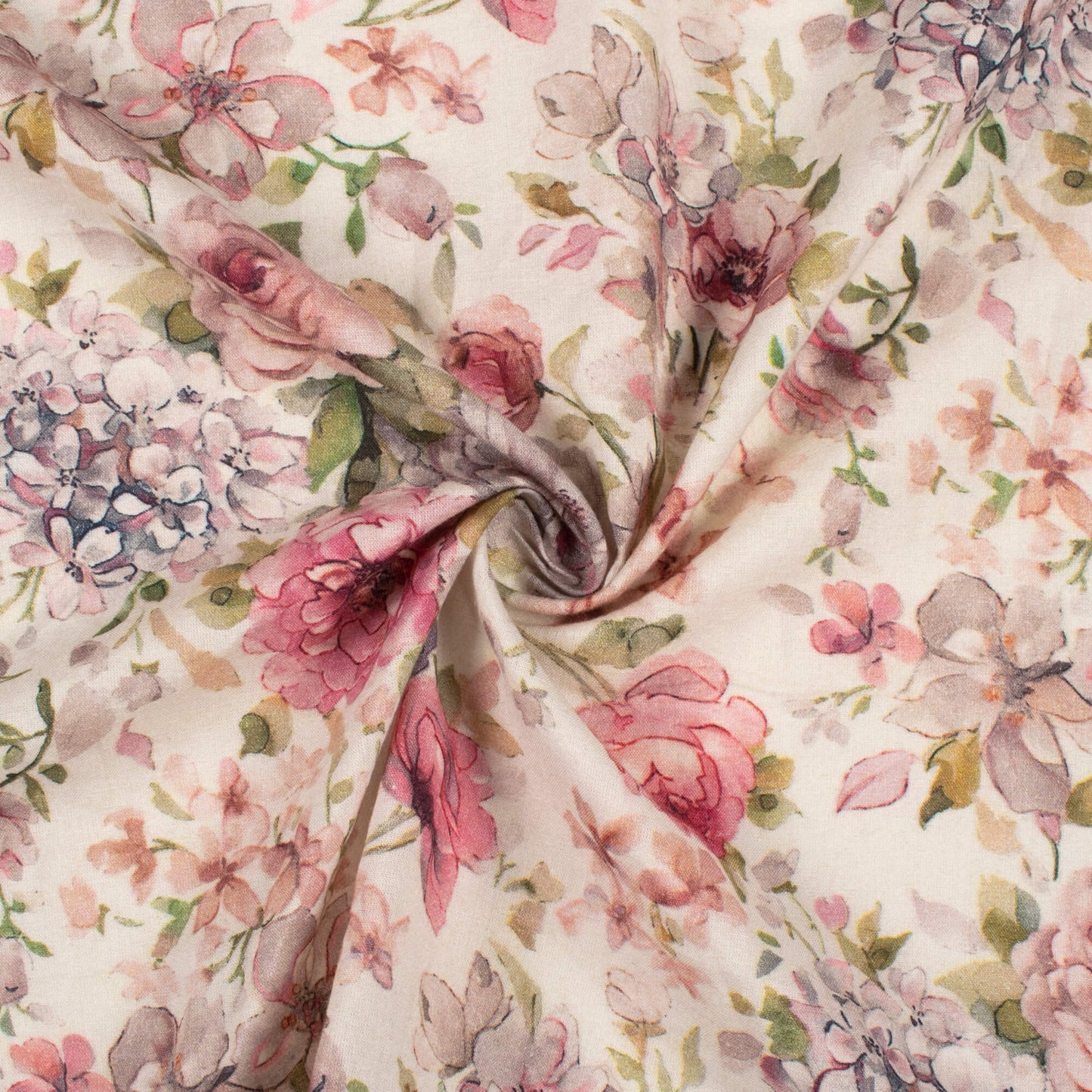 Taffy Pink And Cream Floral Digital Print Cotton Cambric Fabric