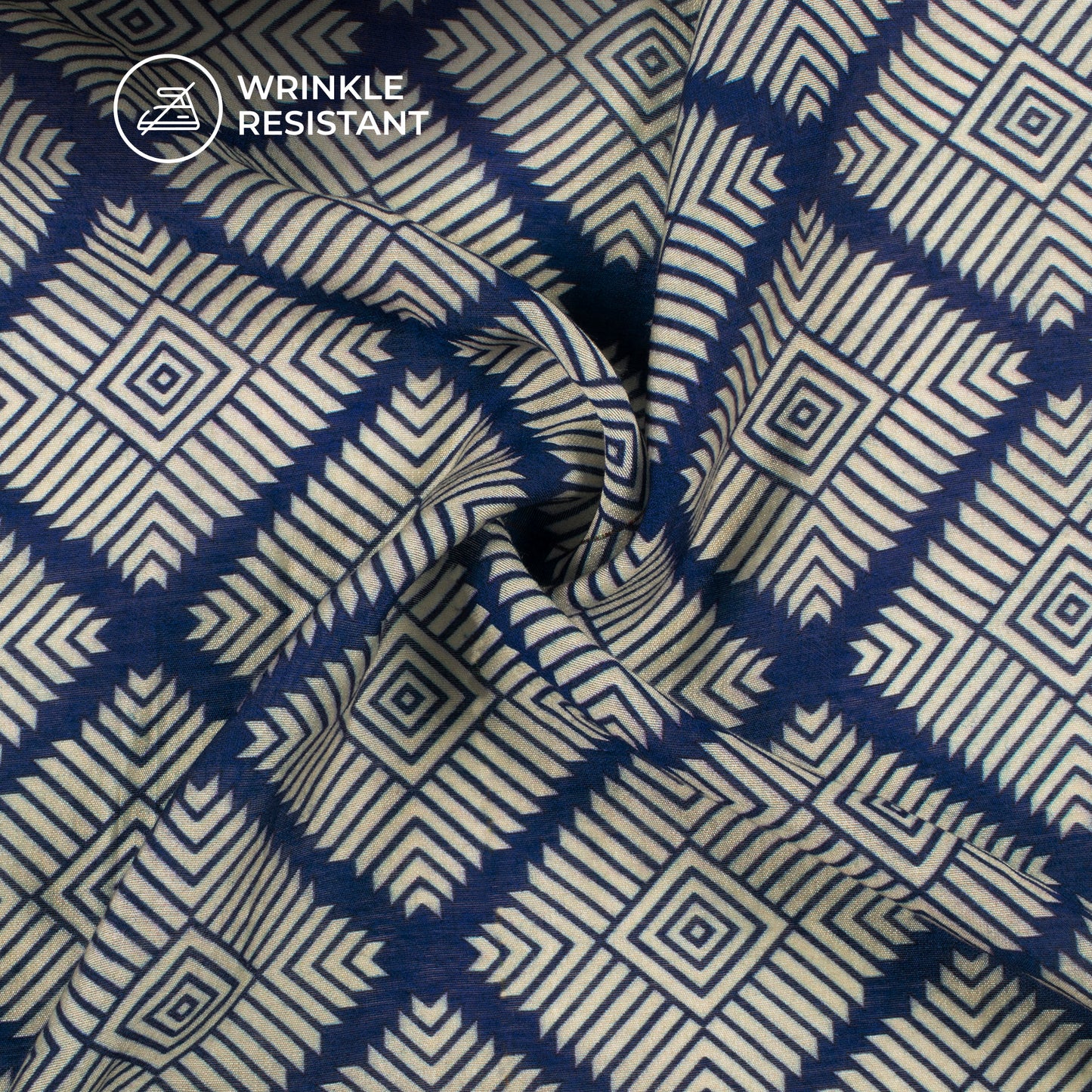 Royal Blue And White Geometric Digital Print Viscose Chanderi Fabric
