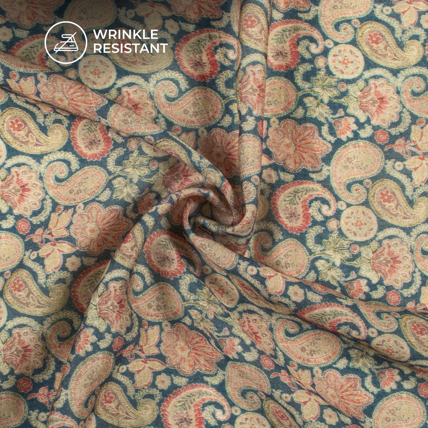 Classic Blue And Peach Paisley Digital Print Viscose Chanderi Fabric