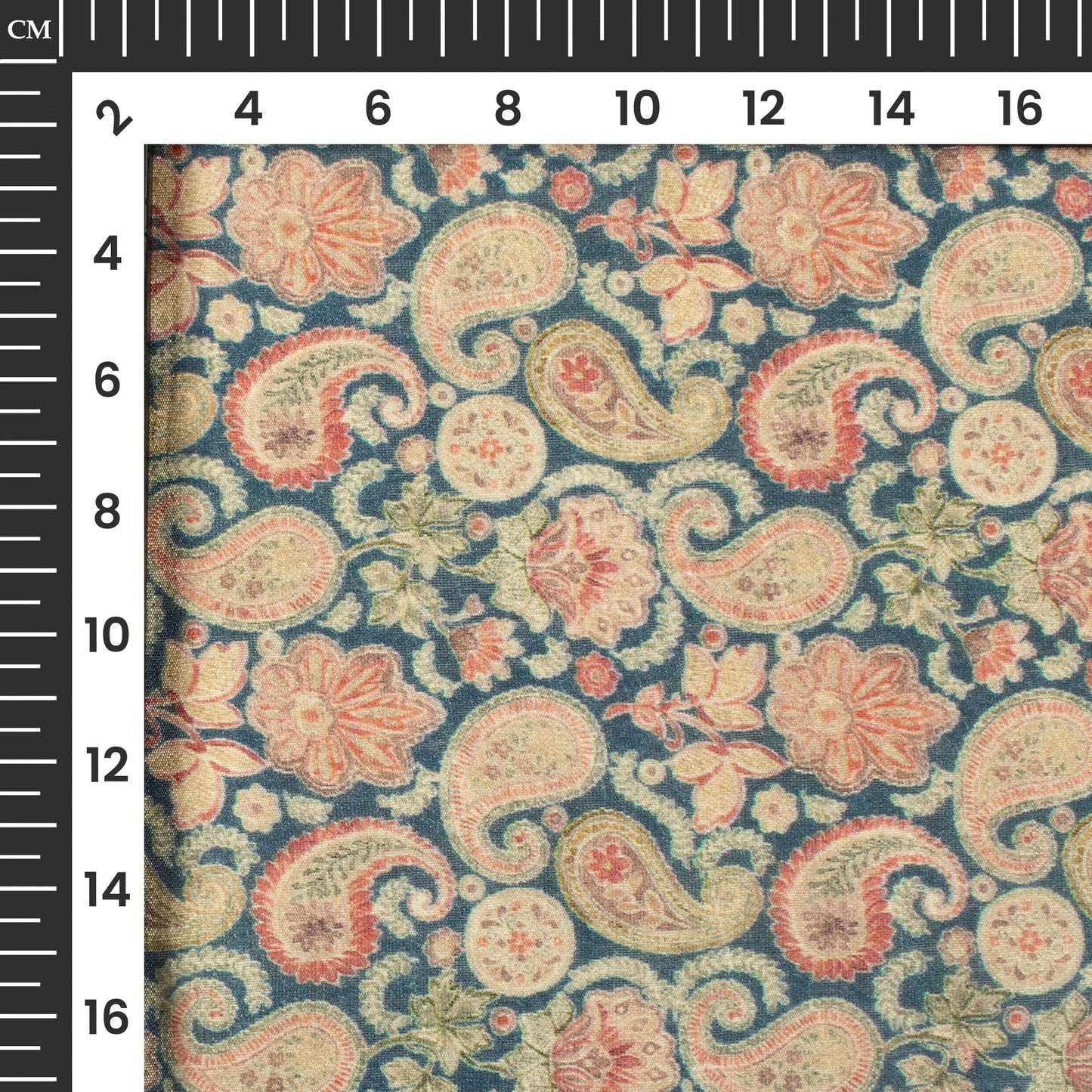 Classic Blue And Peach Paisley Digital Print Viscose Chanderi Fabric