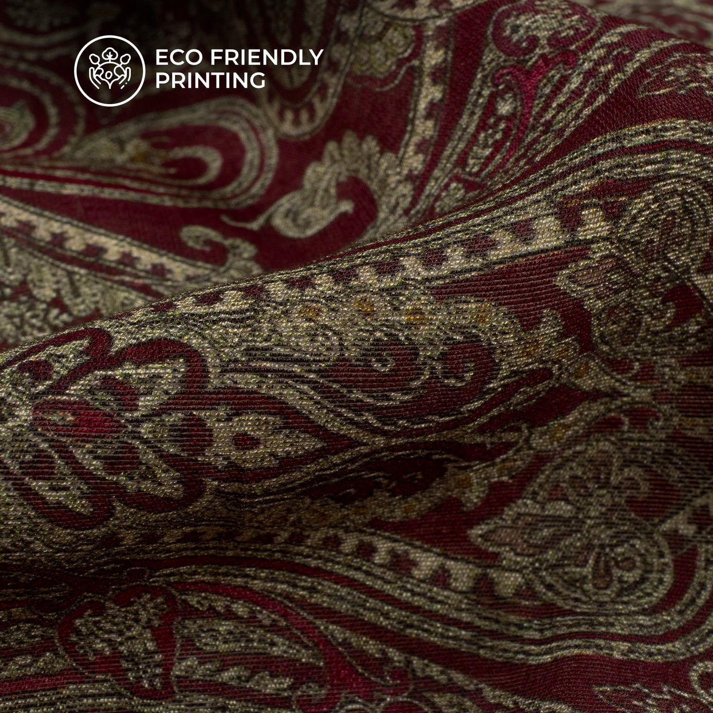 Sangria Red And Green Paisley Digital Print Viscose Chanderi Fabric