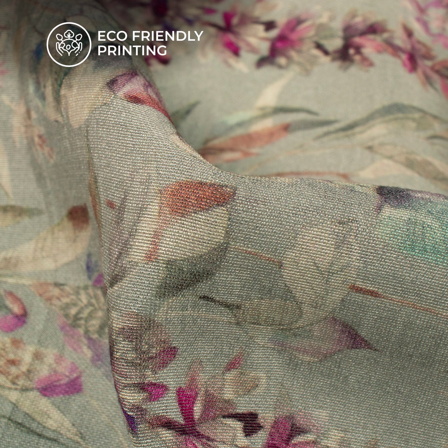 Rhino Grey And Pink Floral Digital Print Viscose Chanderi Fabric