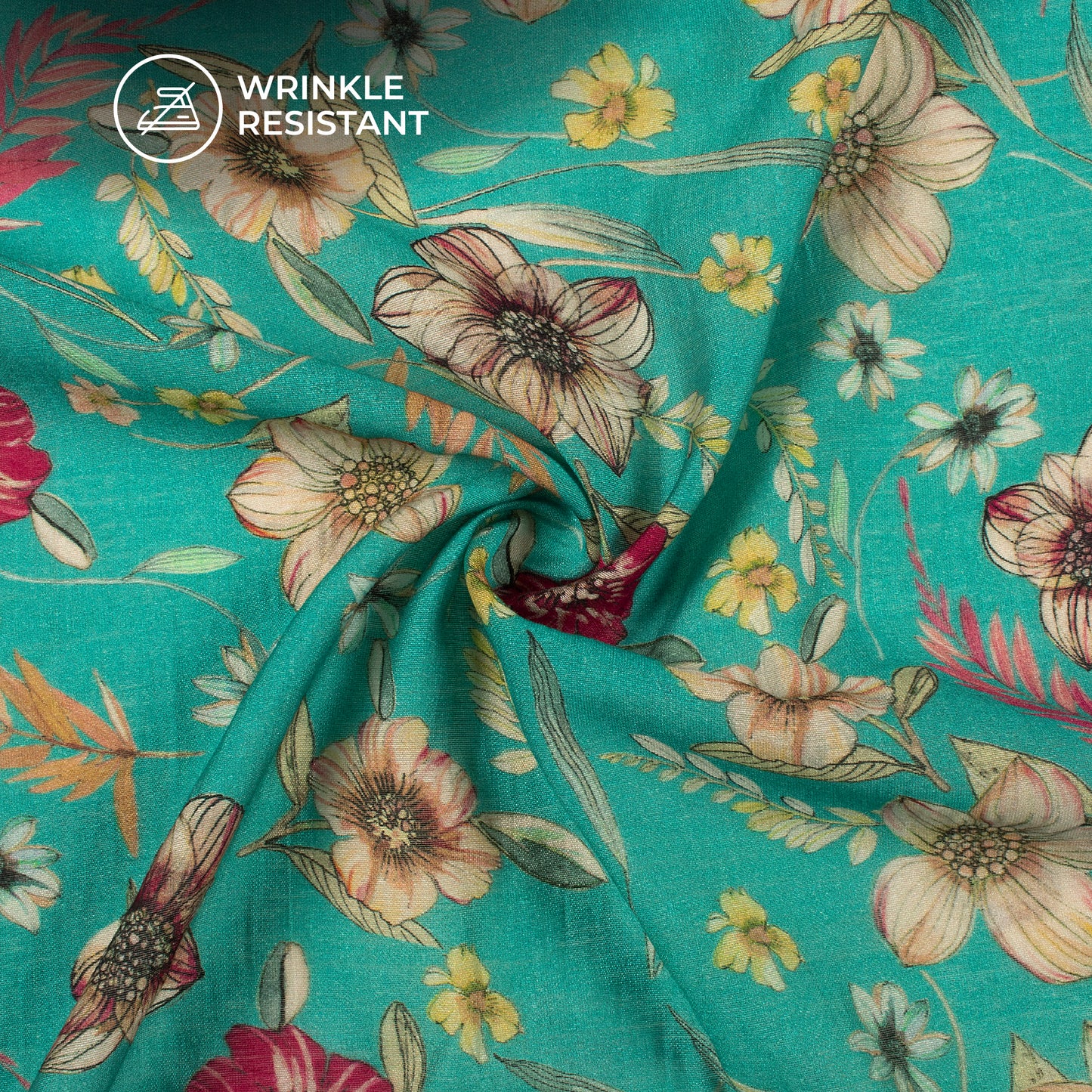 Sky Blue And Pink Floral Digital Print Viscose Chanderi Fabric