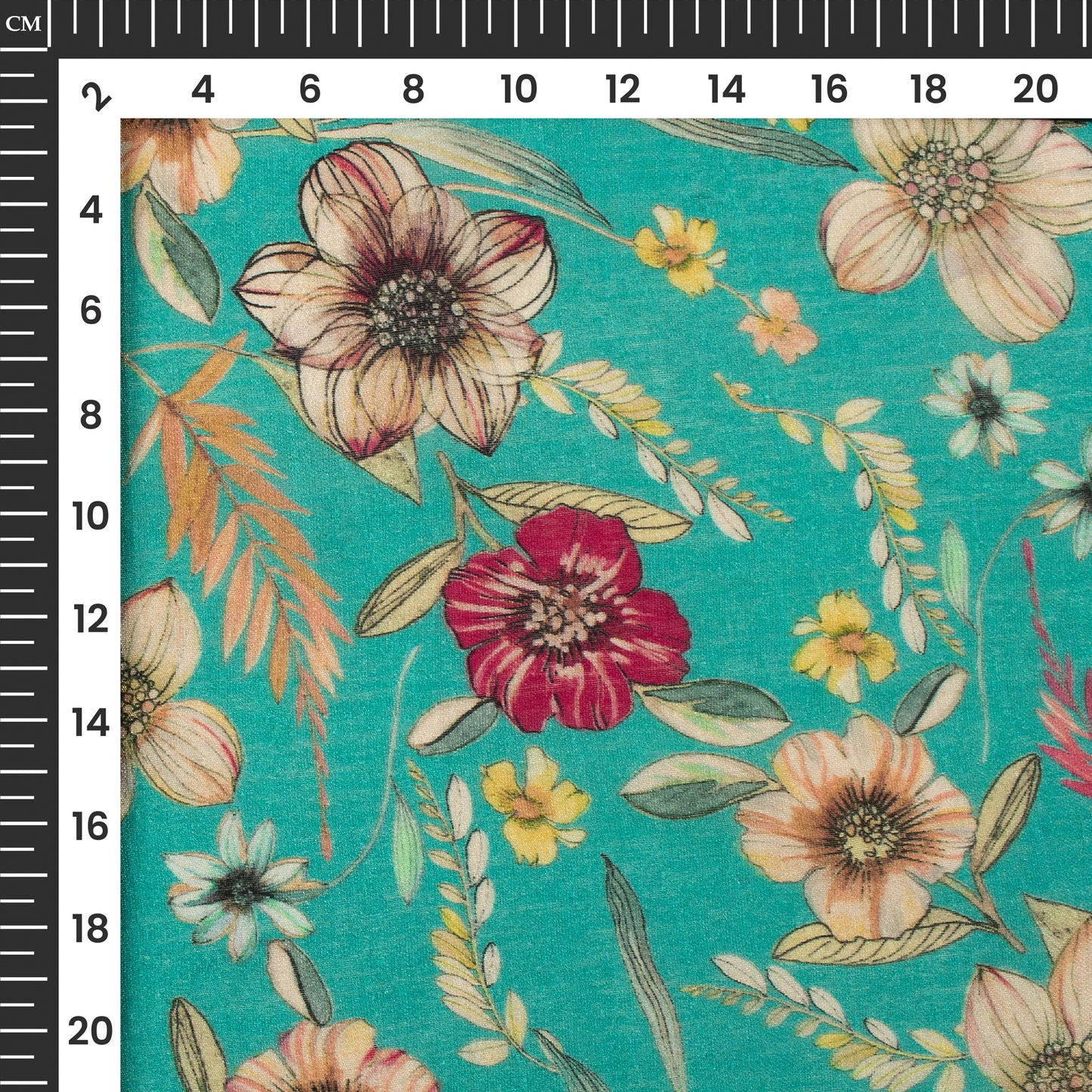 Sky Blue And Pink Floral Digital Print Viscose Chanderi Fabric