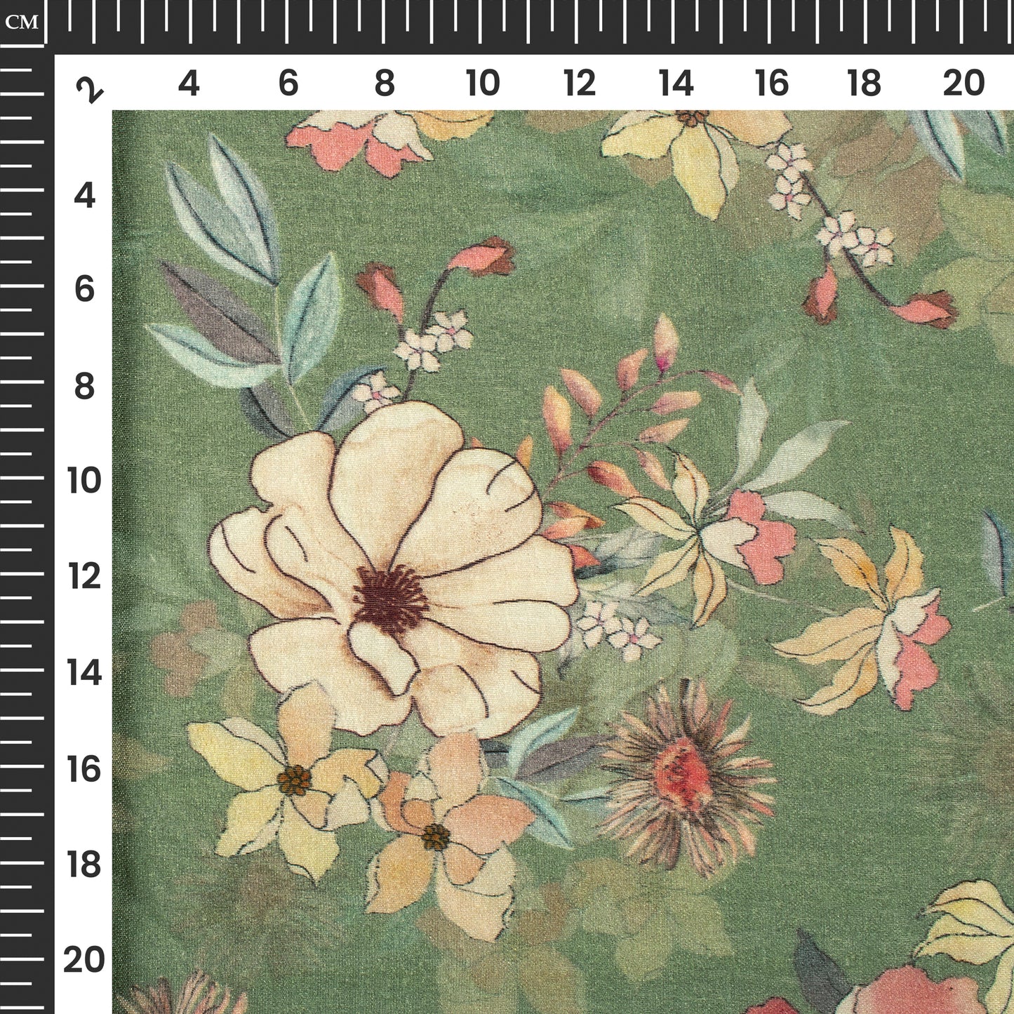 Moss Green And Peach Floral Digital Print Viscose Chanderi Fabric