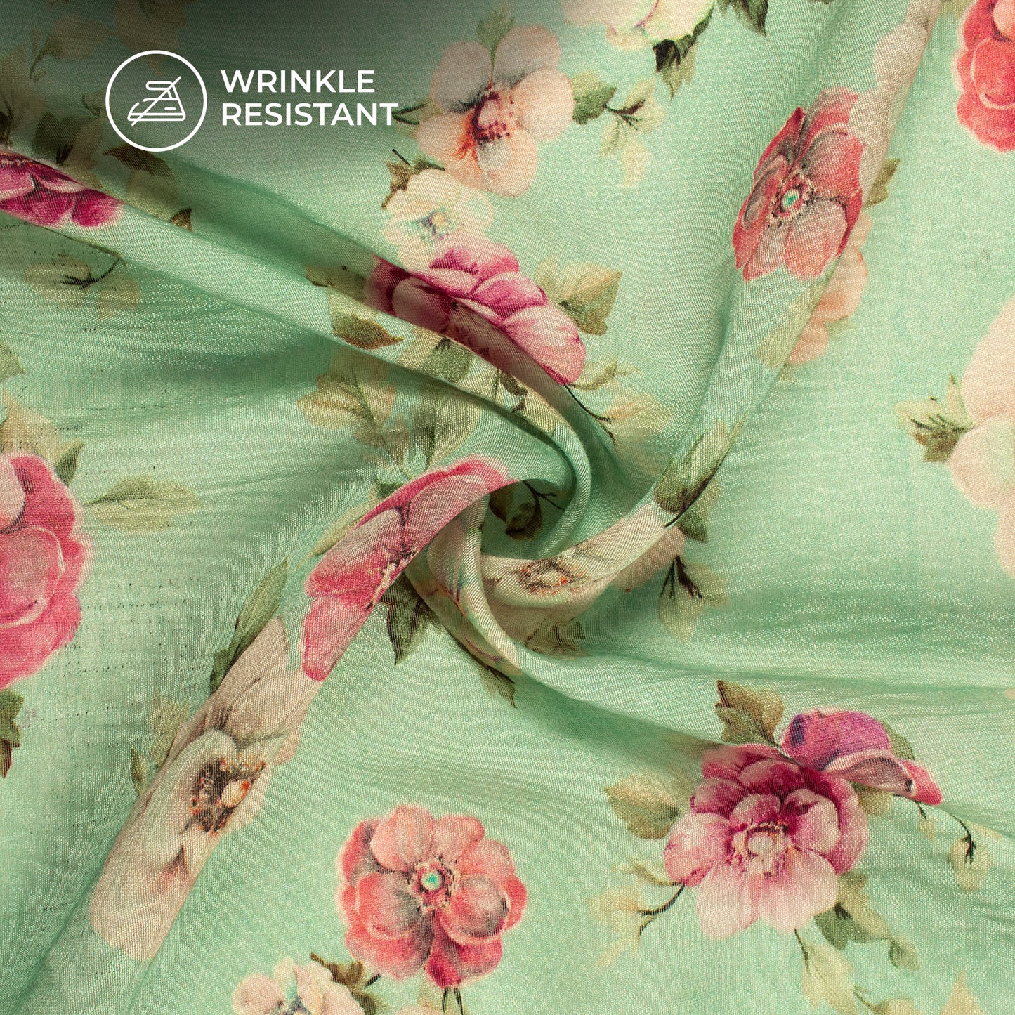 Mint Green And Pink Floral Digital Print Viscose Chanderi Fabric