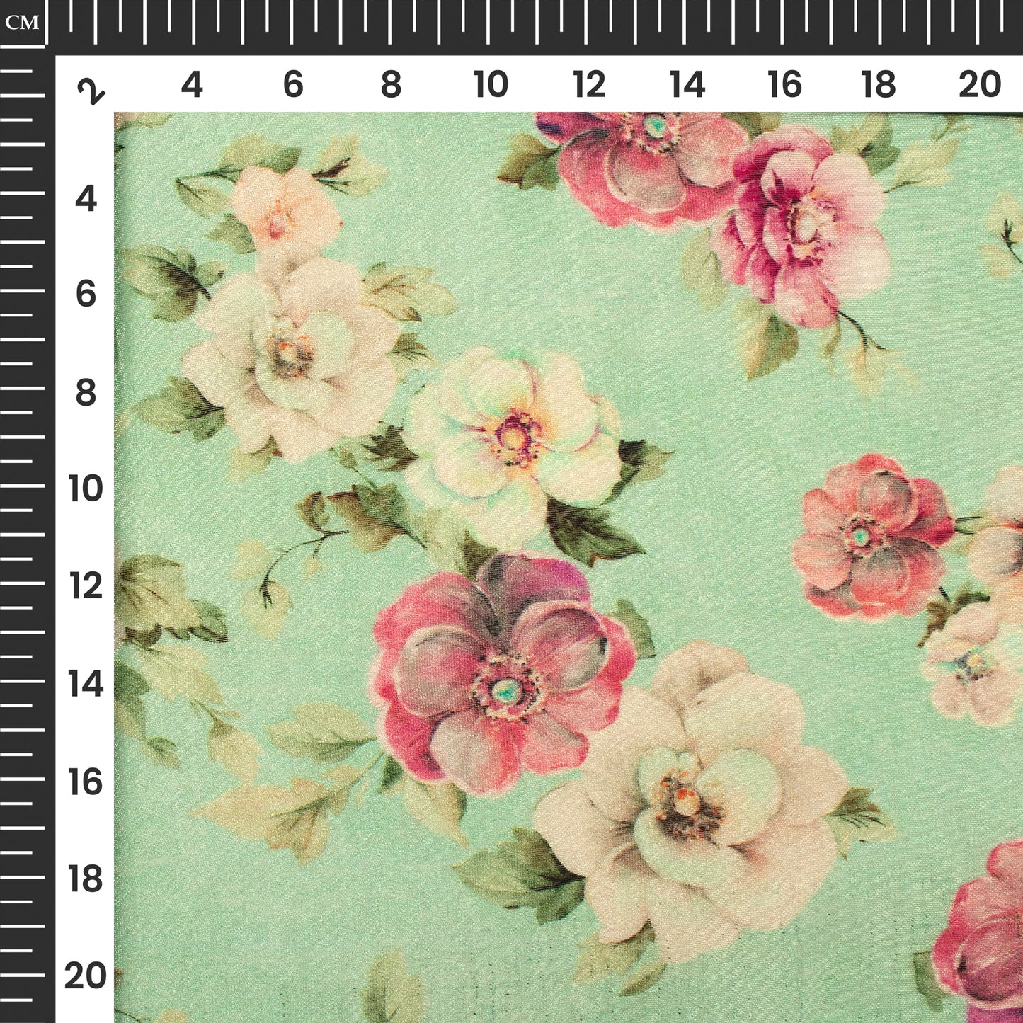 Mint Green And Pink Floral Digital Print Viscose Chanderi Fabric