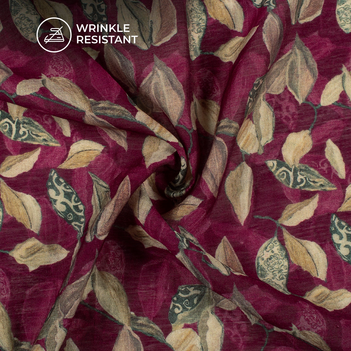 Sangria Purple And Brown Leaf Digital Print Viscose Chanderi Fabric