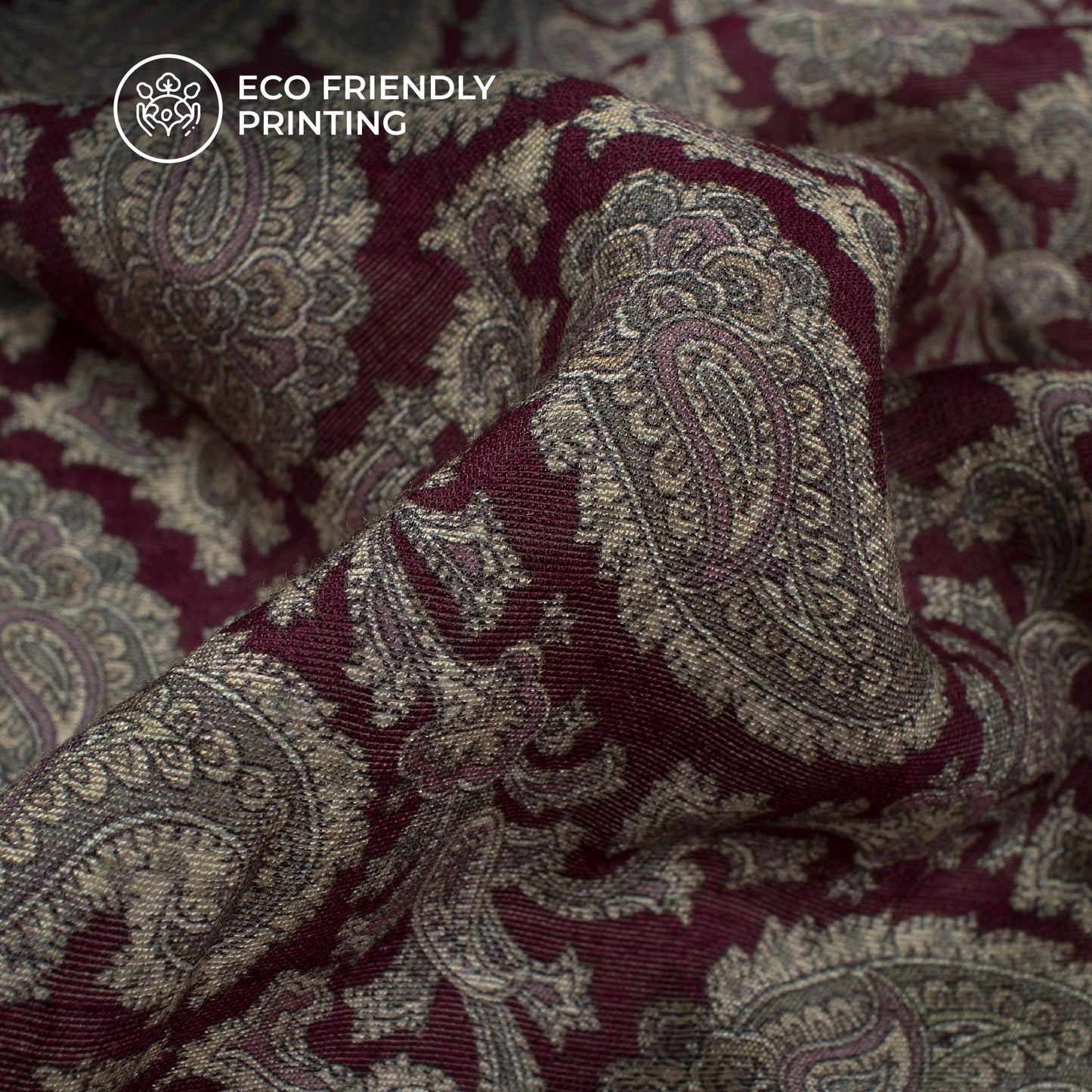 Laurel Green And Maroon Paisley Digital Print Viscose Chanderi Fabric