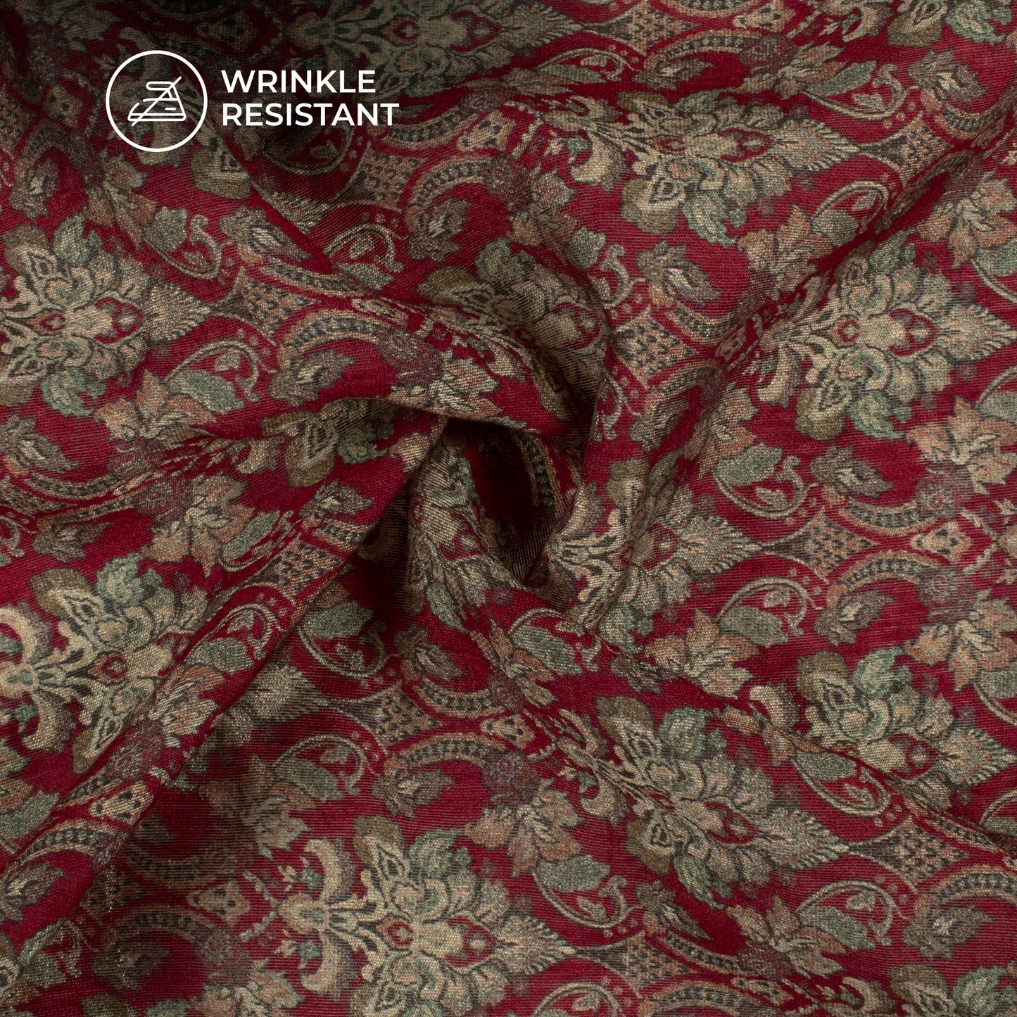 Berry Red And Green Traditional Digital Print Viscose Chanderi Fabric