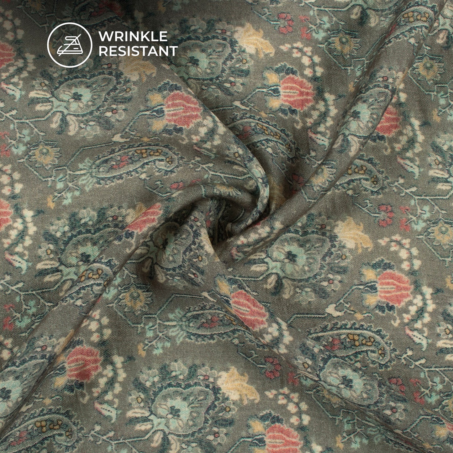 Cement Grey And Blue Paisley Digital Print Viscose Chanderi Fabric