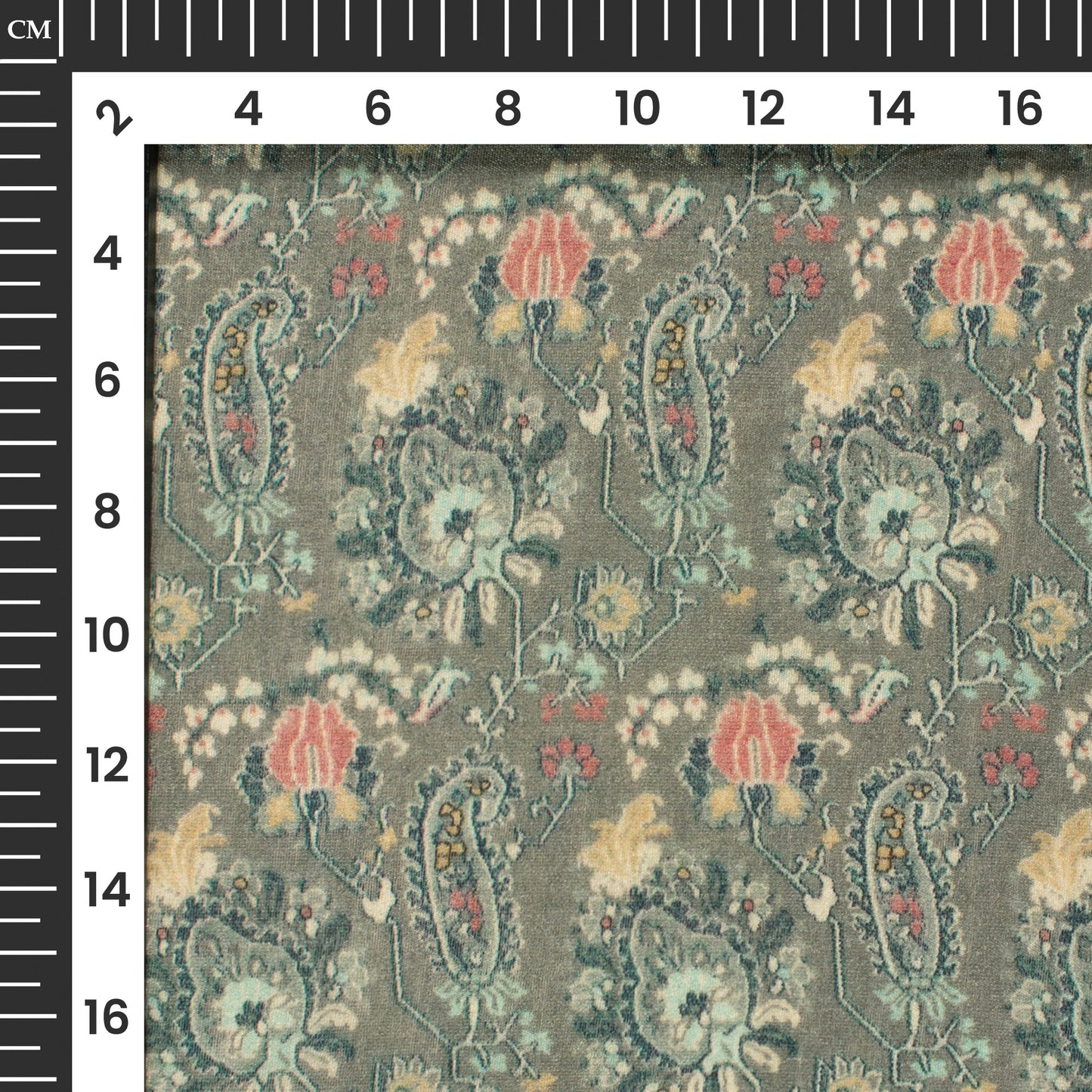 Cement Grey And Blue Paisley Digital Print Viscose Chanderi Fabric