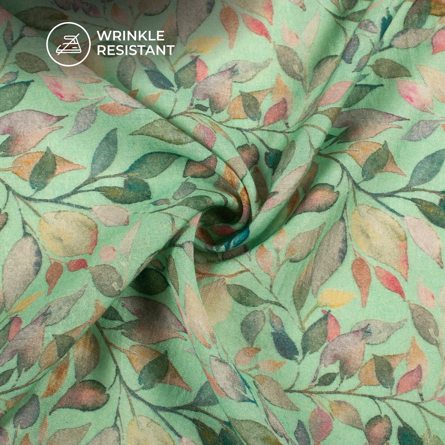 Mint Green And Pink Leaf Digital Print Viscose Chanderi Fabric