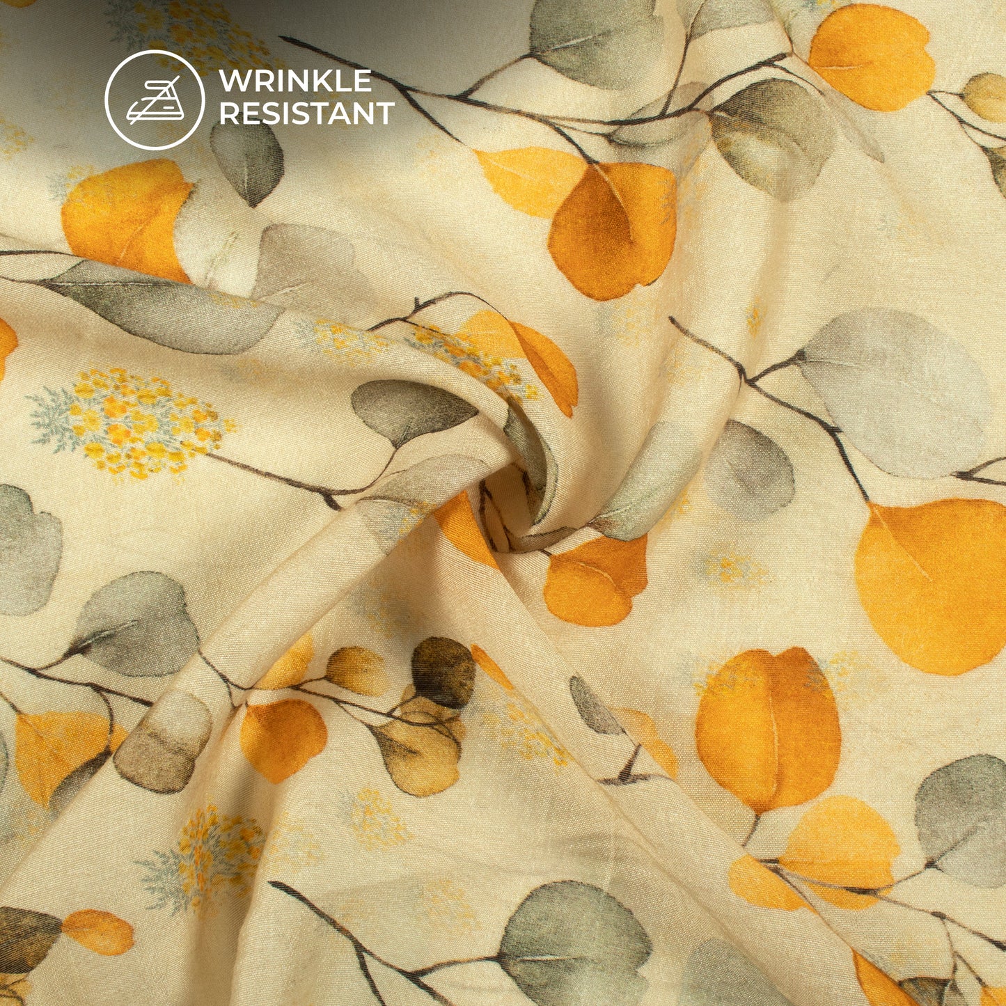 Gold Yellow And Beige Leaf Digital Print Viscose Chanderi Fabric